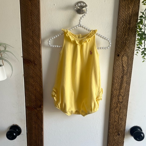 Y2K Ralph Lauren Baby Girl Yellow Ruffled Bubble Ruffle Romper Pink Logo - Picture 4 of 15